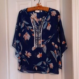 Belle by Kim Gravel Navy bell sleeve blouse with  flower print , fall
